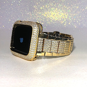 Yellow Gold Diamond Apple Watch Crystal Band and or lab diamond Bezel Bling 38,40,42,44,41,45,49mm ultra Series 2,3,4,5,6,7,8,9,SE