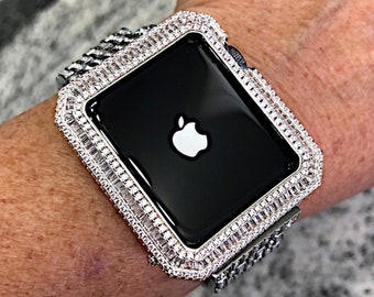 Witgoud Bling Baguette Bezel Only Lab Diamond Apple Watch Case Cover Witgoud Metaal Serie 4,5,6,7,8,9,SE 40,44,41,45 ipad iphone