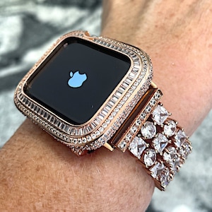 Rose Gold Apple Watch Band and or Lab Diamond Apple Watch Bezel band bling case cover bumper 40,41,44,45mm Series 4,5,6,7,8,SE
