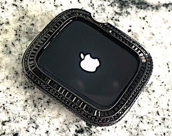 Series 4-9 Black gold Baguette Apple Watch case Lab Diamond Apple Watch Case Cover  Series 4,5,6,7,8,SE 40,41,44,45mm bumper ipad iphone