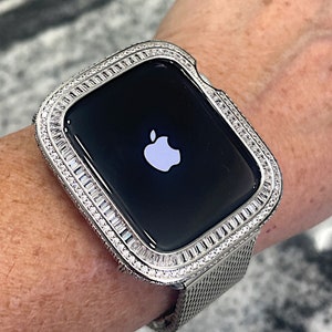 Series 4-9 White gold Bling Baguette Bezel Lab Diamond Apple Watch Case Cover Metal Series 4,5,6,7,8,SE 40,41,44,45mm bumper ipad iphone