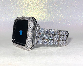 White gold Cz Watch Band and or Lab Diamond Bezel Apple Watch case bling 40,42,44,41,45,46,49 Ultra Apple Watch case cover Bumper