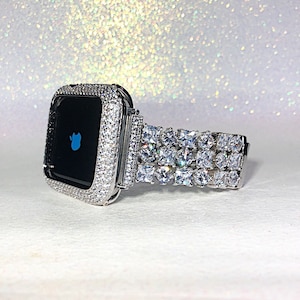 White gold Cz Watch Band and or Lab Diamond Bezel Apple Watch case bling 40,42,44,41,45,46,49 Ultra Apple Watch case cover Bumper