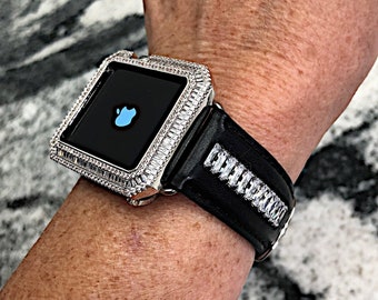 Made with CRYSTALLIZED Swarovski Elements Apple Watch band Leather Baguette Band and or lab diamond baguette Bezel 40,41,44,45 Apple Watch