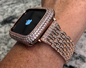 Luxury Rose Gold Crystal Apple Watch Band and or Lab diamond Bezel band  case Apple Watch cover 38,40,42,44,41,45,49 ultra Apple Watch case