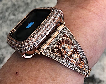 Luxury cuff Bangle Rose Gold Apple Watch Band and or Lab Diamond Bezel Case Iwatch band bling cover iPad iPhone Series 1,2,3,4,5,6,7,SE