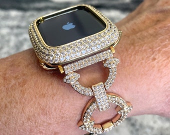Cinturino per Apple Watch in oro giallo 14k e/o custodia con diamanti da laboratorio per Apple Watch 2, 3, 4, 5, 6, 7, 8, 9, 10, 11, SE Apple Watch Ultra 1/2/3