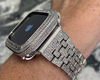 High end White Gold Lab Diamond Apple Watch Band and or Lab Diamond Apple Watch case bling 40,41,44,45mm  4,5,6,7,8,9,SE bling Apple Watch