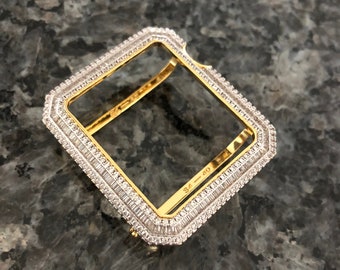 Yellow Gold Bling Baguette Bezel Only Lab Diamond Apple Watch Case Cover Metal Series 4,5,6,7,8,9, SE Pave Bling 40,41,44,45mm ipad iphone