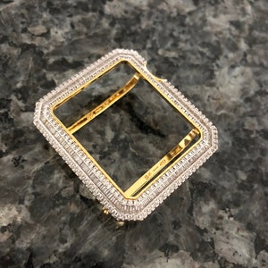 Yellow Gold Bling Baguette Bezel Only Lab Diamond Apple Watch Case Cover Metal Series 4,5,6,7,8,9, SE Pave Bling 40,41,44,45mm ipad iphone