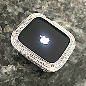 White gold Bling Baguette Bezel Only Lab Diamond Apple Watch Case Cover Metal Series 4,5,6,7,8,9,SE 40,41,44,45mm bumper ipad iphone