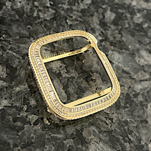 New style Yellow gold Bling Baguette Case Only Lab Diamond Apple Watch Case Cover Metal Series 4,5,6,7,8,9,SE 40,41,44,45mm bumper iphone