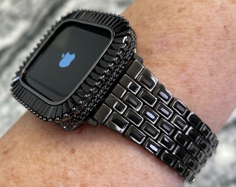 Gorgeous Baguette Apple Watch Band Made with CRYSTALLIZED Swarovski Elements in Black gold and or Lab Diamond Bezel band bling Series 2-8