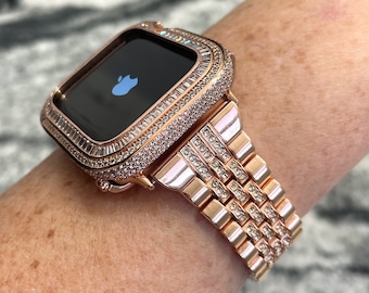 Classy Rose gold bling Apple Watch Band and or Lab Diamond Apple Watch case Bezel baguette + round case Series 4,5,6,7,8,SE 40,44,41,45mm