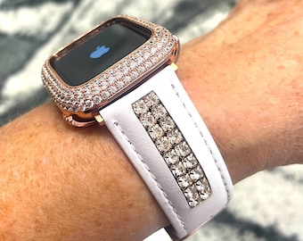 Rose Gold Apple Watch Band Leather 2 row Made with CRYSTALLIZED Swarovski Elements Apple Watch Band and or lab diamond Apple Watch cases