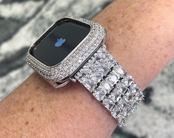 High end Super Sparkler White gold Apple Watch Watch Band and or Lab Diamond case Apple Watch 40,44,41,45,49 Ultra Apple Watch case cover