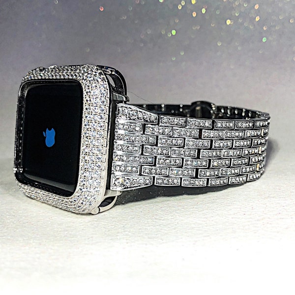 White gold Apple Watch Band and or Lab Diamond Apple Watch case Iwatch band bling bumper case 38,40,42,41,44,45,49 Ultra Apple Watch band