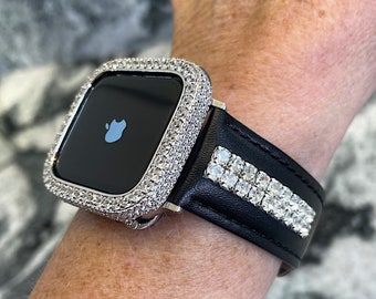 White Gold Apple Watch Band Leather 2 row Made with CRYSTALLIZED Swarovski Elements Apple Watch Band and or lab diamond Apple Watch case