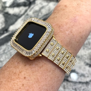 Banda de Apple Watch Cartie de oro amarillo o cubierta de caja bling de banda de bisel de diamante de laboratorio 38,40,42,44,41,45,49 Ultra Series 2,3,4,5,6,7.8,9,SE