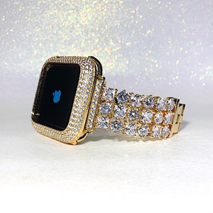 Yellow Gold Cz Apple Watch Band and or Lab Diamond Apple Watch case band bling 38,40,42,44,41,45,46,49 Ultra case cover Apple Watch strap