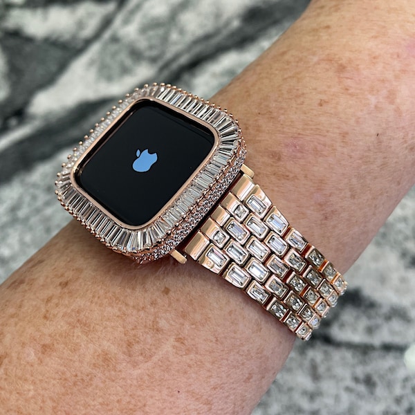 Preciosa correa Baguette para Apple Watch en oro rosa Fabricada con elementos Swarovski CRISTALIZADOS o caja para Apple Watch con diamantes de laboratorio Apple Watch