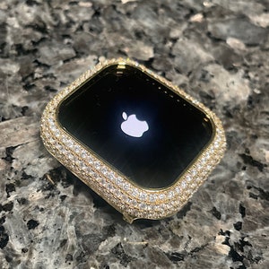 Bling Yellow Gold Lab Diamond Apple Watch Bezel Bling Case Cover Bumper Series 2,3,4,5,6,7,8,9,SE Pave Bling 38,40,42,44,41,45,49 Ultra band