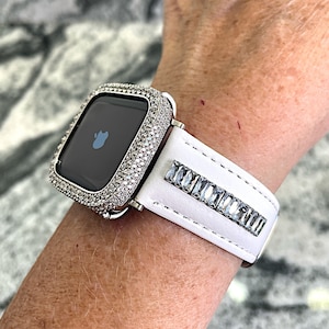 White Leather Apple Watch band and or Apple Watch case Apple Watch bands Made with CRYSTALLIZED Swarovski Elements Apple Watch cases iPhone