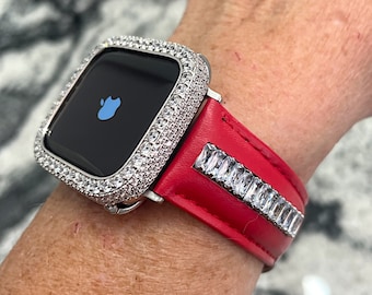 Red Leather Crystal Apple Watch Band and or Apple Watch Case  display picture 3