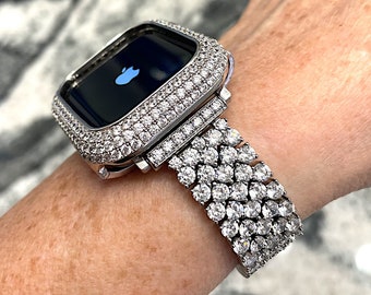 High End Lab Diamant 14k Weißgold Apple Watch Uhrenarmband und oder Lab Diamond Apple Watch Gehäuse 40,42,44,41,45,46,49 Ultra Apple Watch Band