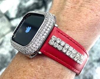 White Gold Apple Watch Band Leather Row Made With CRYSTALLIZED