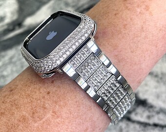 22mm wide White gold Apple Watch Crystal Band and or Bezel W/Lab Diamonds Bling 38,40,42,44,41,45,49mm Ultra Men or womens Apple Watch band