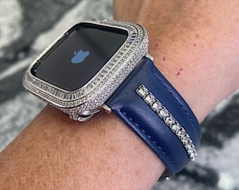 Made with CRYSTALLIZED Swarovski Elements Apple Watch band Blue Leather Apple Watch Band and or lab diamond Apple Watch case Bezel