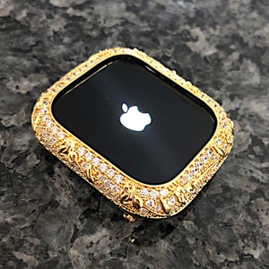 Yellow gold Lab Diamond RoseBud Style Bezel Apple Watch bezel with Security Bars Case  bumper iwatch Iphone Pave Bling iwatch 40 or 44