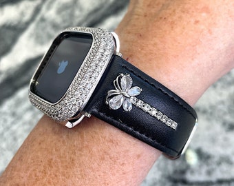 Leren Apple Watch-band met kristallen vlinder, gemaakt met gekristalliseerde Swarovski-elementen en/of labdiamanten Apple Watch-hoesjes Apple Watch-bandjes