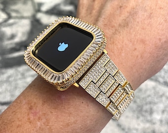 Yellow gold Apple Watch Band and or Baguette Lab Diamond Apple Watch case band bling Apple Watch 38,42,40,44,41,45,49mm Ultra 2