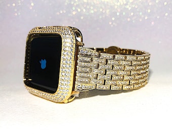 Apple Watch Band in yellow gold and or Lab Diamond Apple Watch case cover 38,40,42,44,41,45,49 Ultra case protector Apple Watch band