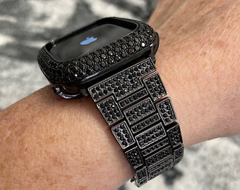 Correa de Apple Watch de oro negro de 14k y/o caja de Apple Watch con diamantes de laboratorio, cajas de Apple Watch, correas negras de Apple Watch, Apple Watch Ultra 3/2/1