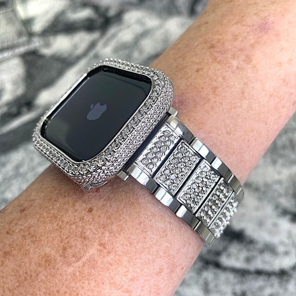 22mm wide White gold Crystal Apple Watch Band and or Apple Watch case W/Lab Diamonds Bling mens ladies Apple Watch bands Apple Watch cases