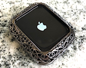 Filigree Apple Watch Bezel Case black Cz Metal bumper iwatch Iphone Micro Pave   38,40,42,44,41,45 series 10 42mm,46mm Apple Watch case