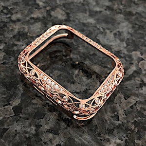 Cz Filigree Rose Gold Apple Watch Bezel Case Metal  bumper Iphone Micro Pave Bling iwatch 38,40,40,44,41,45mm series 2,3,4,5,6,7,8,9,SE