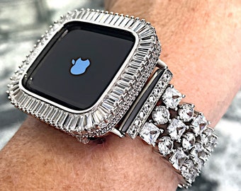 White Gold Apple Watch Band and or Lab Diamond case Apple Watch cases, Apple Watch bumpers, Apple Watch bands Apple Watch bling cases