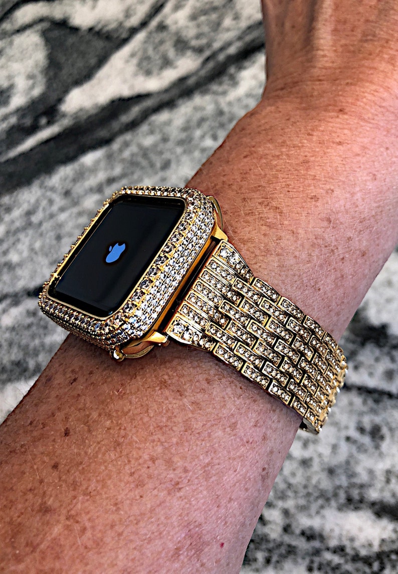 Yellow Gold Apple Watch Band and or Lab Diamond Bezel Iwatch band bling case cover bumper 38,40,42,44,42,45mm Series 1,2,3,4,5,6,7,8,SE 