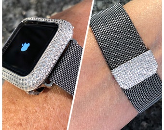 White gold Lab Diamond Apple Watch Band and or Bezel magnetic Milanese band bling case cover Apple Watch case bling accessories