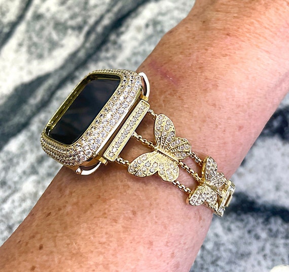 14k Yellow Gold Beautiful Crystal Butterfly Apple Watch Band  display picture 1