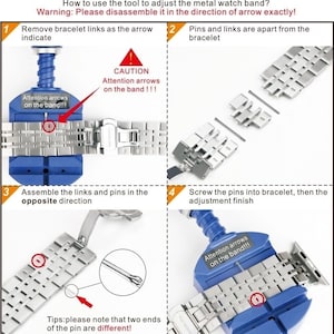 Puede incluir: Una gu&iacute;a de cuatro pasos sobre c&oacute;mo ajustar una correa de reloj de metal usando una herramienta. La gu&iacute;a incluye ilustraciones de los pasos y precauciones a seguir. El texto incluye la frase "&iexcl;Atenci&oacute;n flechas en la banda!" y "Consejos: ten en cuenta que los dos extremos del pasador son diferentes!"