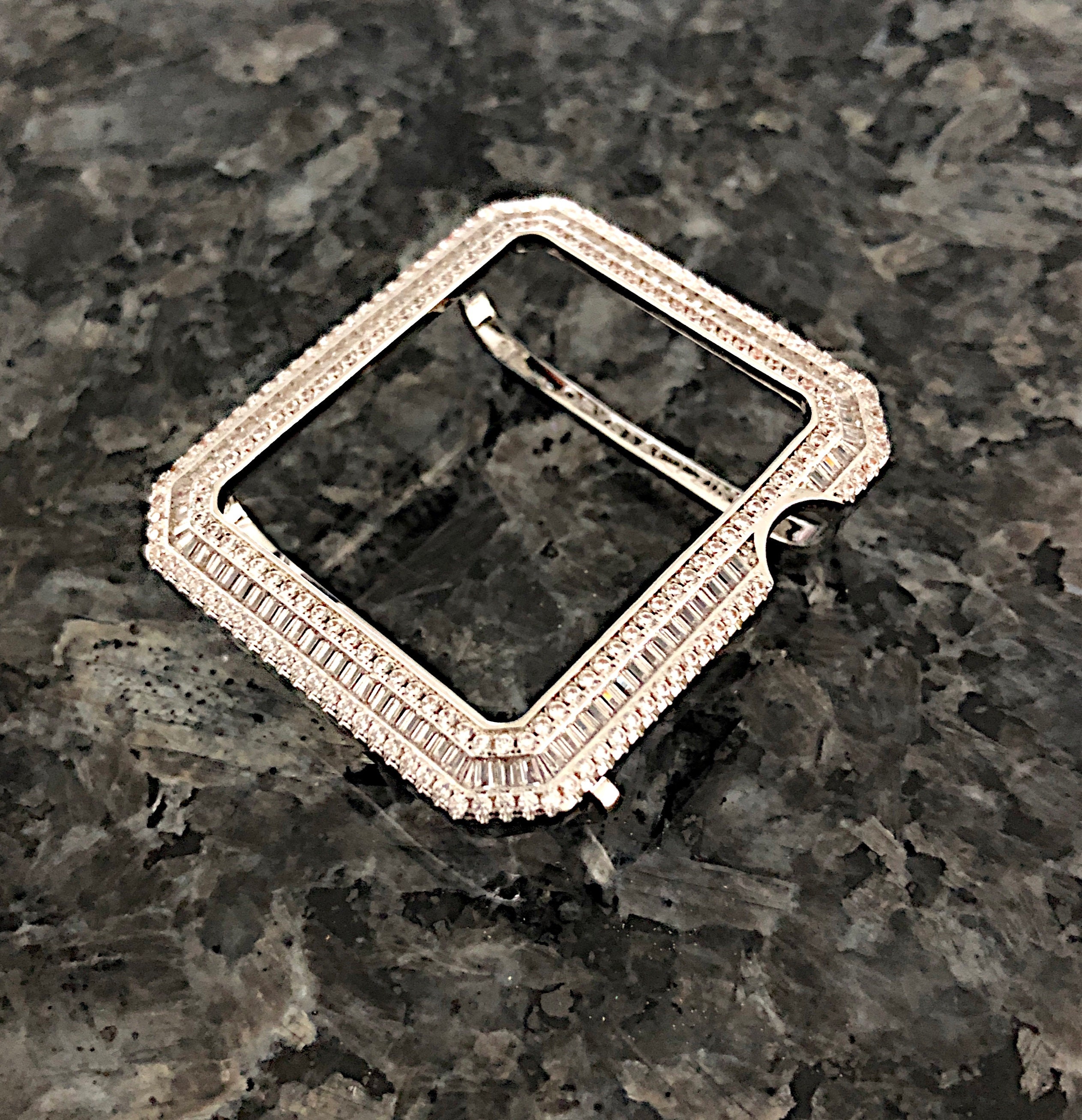 Apple Watch case bezel white gold and baguette and round baguette lab diamonds White Gold Bling Baguette Bezel Only Lab Diamond Apple Watch  main image 4
