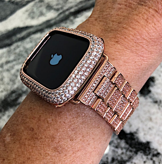 Apple Watch Band Silver, Rose Gold Bling Women Strap & Case Set 8 7 6 –  www.