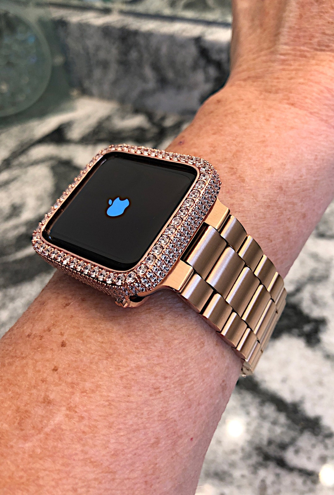 Rose Gold Apple Watch Band and or Lab Diamond Bezel Band Stainless Steel 38/40 42/44 41/45 49