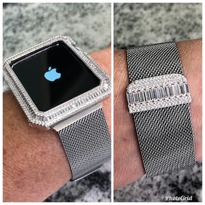Pulseira para Apple Watch com acabamento em baguete de ouro branco e diamante de laboratório com aro milanês e ou moldura para Apple Watch com detalhes brilhantes Capas para Apple Watch Capas para Apple Watch