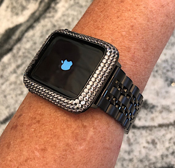 Black Apple Watch Band and or Lab Diamond Bezel Iwatch Mens 